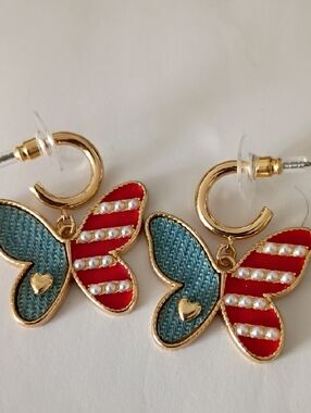 Gold Butterfly Drop Earrings with Red and Teal Accents